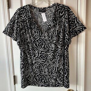 NWT Lane Bryant Sz 22/24 Black White Geometric Flutter Sleeve Blouse Retro Offic